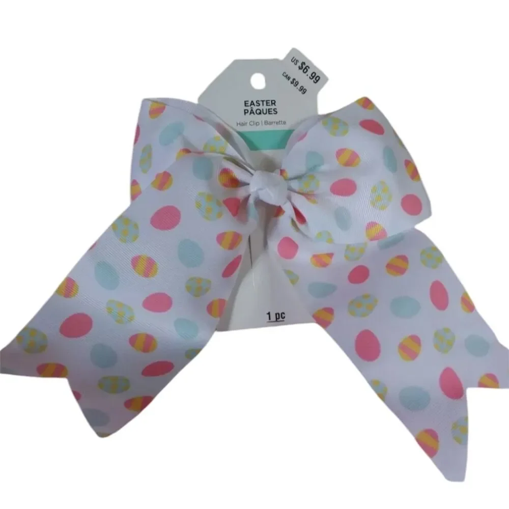 2x Easter Hair Clip Bow Grosgrain Pastel Painted Eggs Design And Pink 7